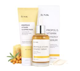 iUNIK Propolis Vitamin rinkinys – raminantis ir skaistinantis veido serumas bei miego kaukė